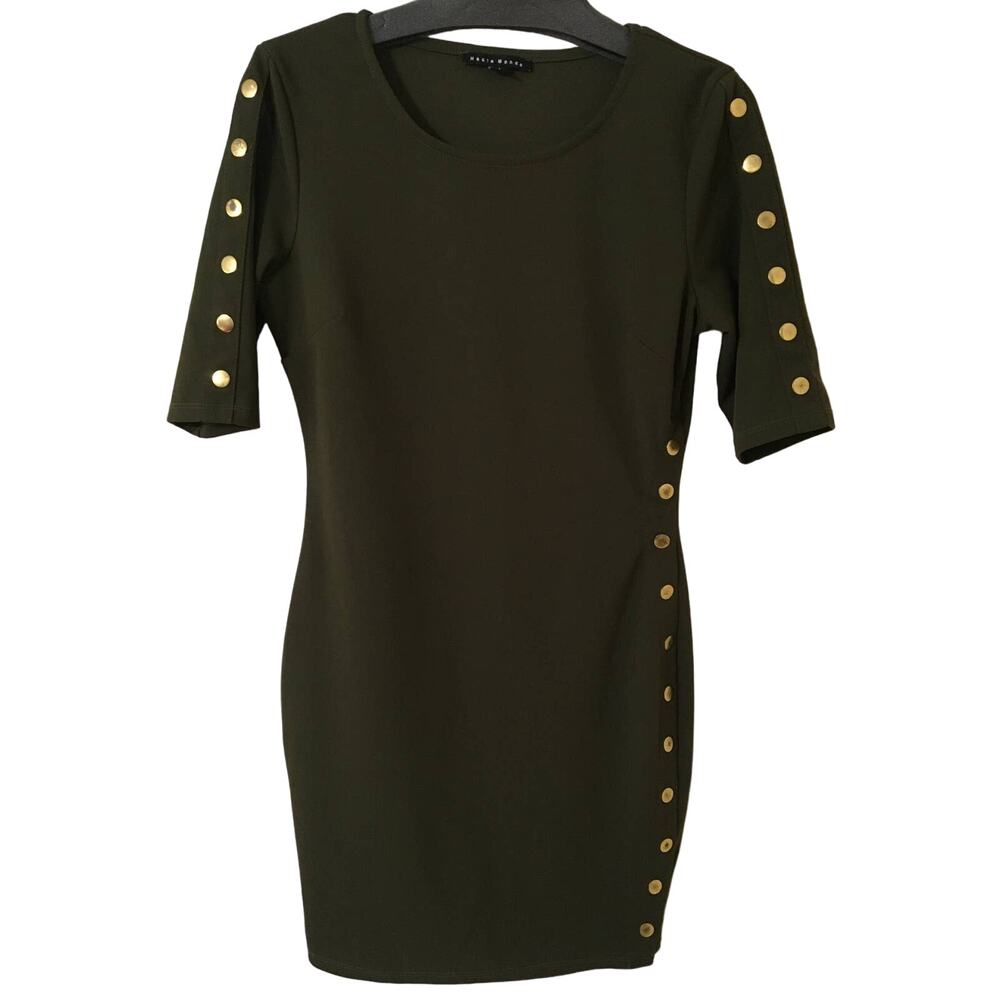 Haute Monde Olive Green Knit Body Com Dress Size Medium Buttons on Shoulders
